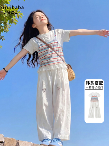 女童套装夏薄款2026新款初中生女孩大童韩系巨好看两件套儿童t恤