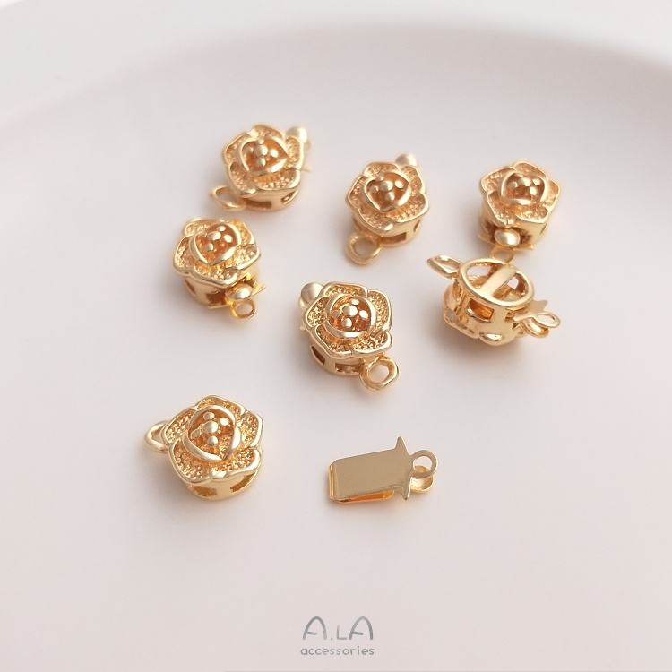 색상 보존 14K 금 덮인 장미 꽃 삽입 버클 수제 DIY 크리스탈 진주 목걸이 연결 마무리 버클 쥬얼리 액세서리