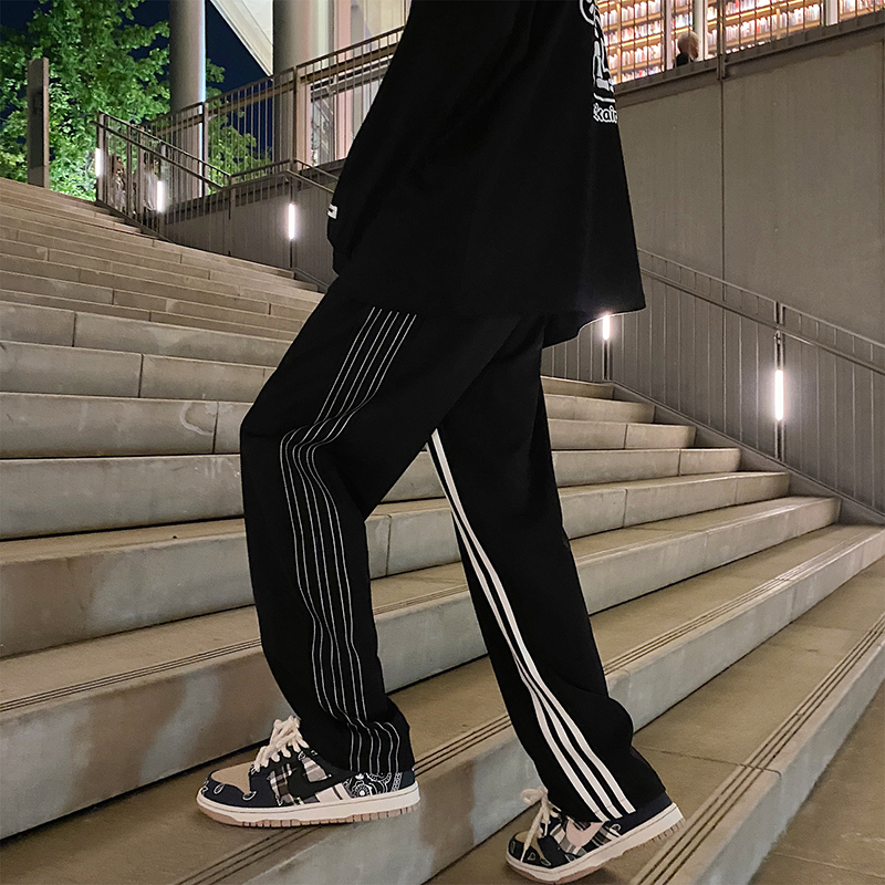 BLACK AMERICAN RUNWAY LINE SWEATPANTS MENS RETRO JAPANESE LAZY HIGH STREET PANTS BF NICHE DESIGN SENSE WIDE-LEG PANTS