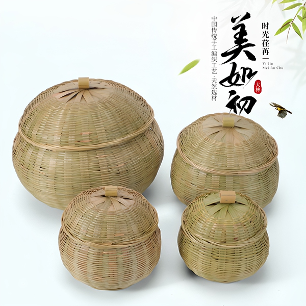 竹制品南瓜篮带盖子 头层竹青竹筐圆形鸡蛋茶叶收纳篮竹筐手工艺