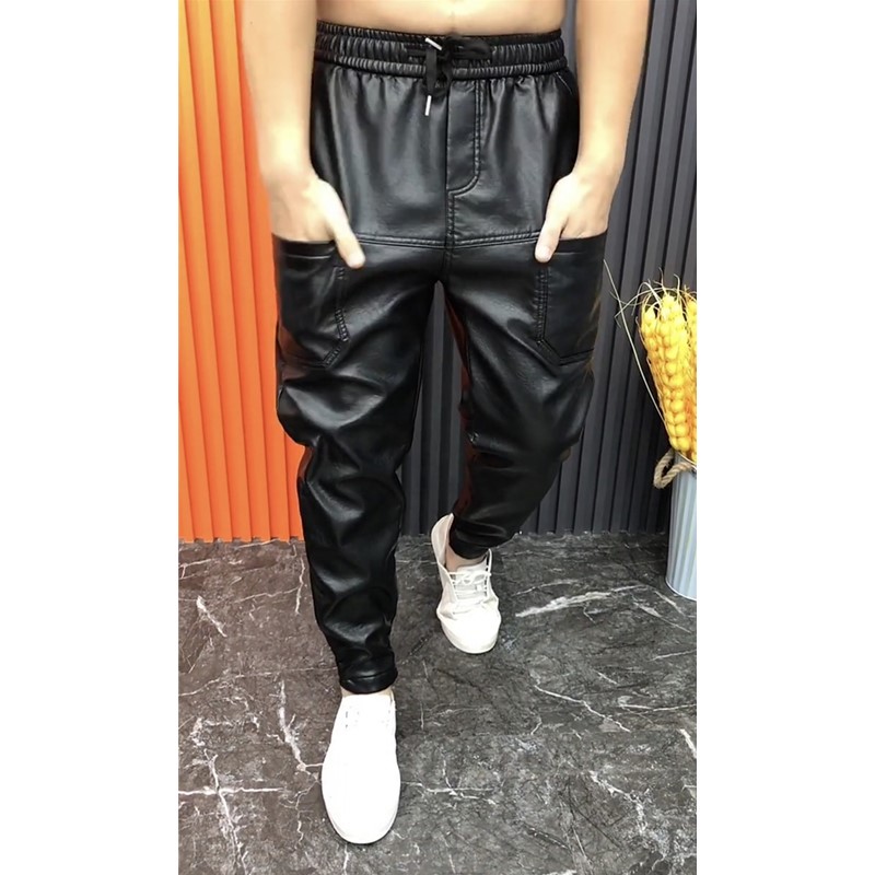 AUTUMN AND WINTER NEW WARM SIX-POCKET LEATHER PANTS MENS LOOSE AND VERSATILE LEGGINGS TRENDY WINDPROOF AND WATERPROOF SMALL FEET SLACKS