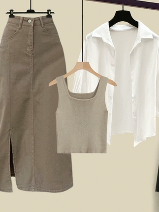 Autumn set, universal shirt, vest, denim skirt, city style, sun protection, fitted, 3 piece set