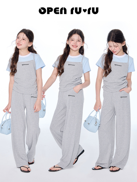 opennunu女童“baby”蓝灰条纹短袖套装夏季儿童设计感亲肤长裤 — 3