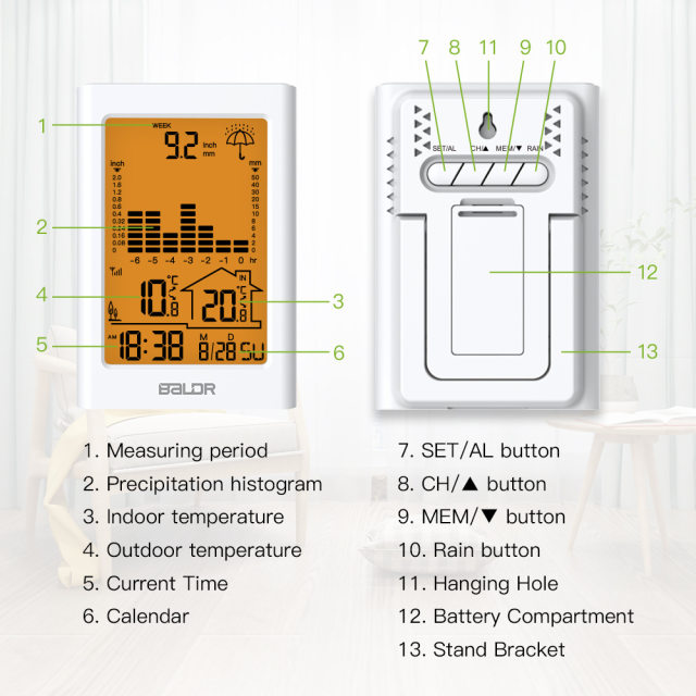 Cross-border Color Screen Weather Station Rainmeter Real-time Rainfall Detection Rain Casing Cylinder Calendar Alarm Clock Indoor and Outdoor Temperature and Humidity