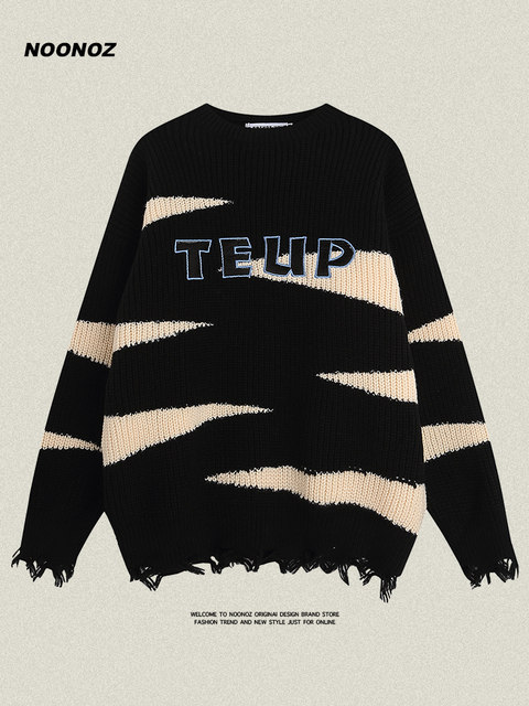 NOONOZ trendy brand American high street contrast embroidered pullover sweater men's loose vintage versatile sweater autumn