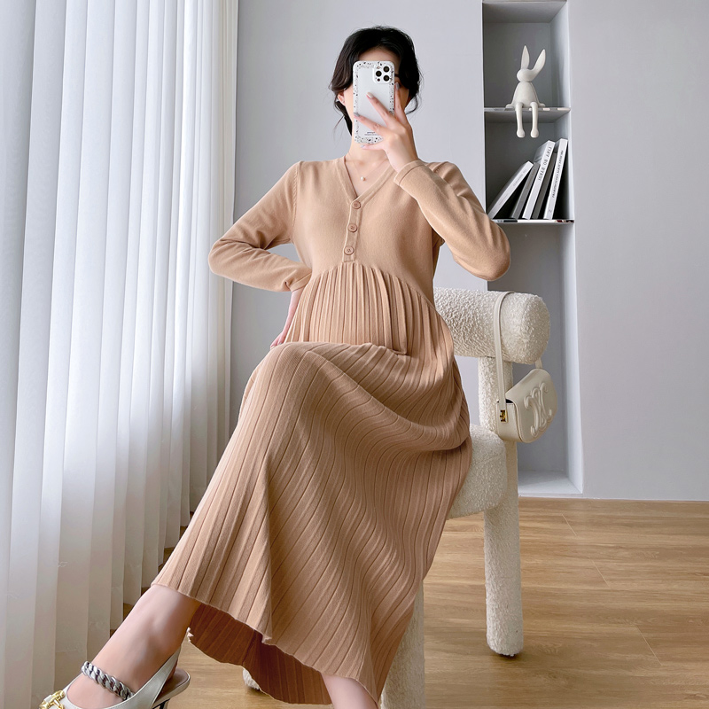 UK NEXT ROAD MATERNITY AUTUMN KNITTED DRESS LONG V-NECK TEMPERAMENT AUTUMN WINTER SWEATER WOMENS BELLY COVERING SKIRT
