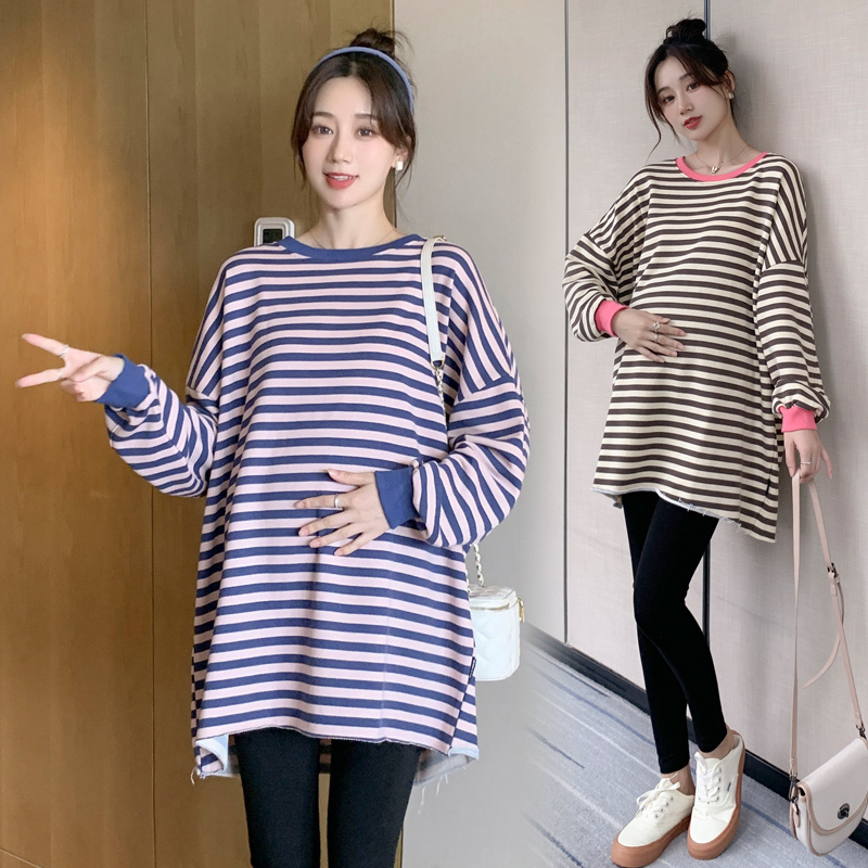UK NEXT ROAD MATERNITY AUTUMN TWO-PIECE PLUS SIZE SUIT FASHION STRIPED T-SHIRT SKIRT SWEATSHIRT MIDI WOMEN