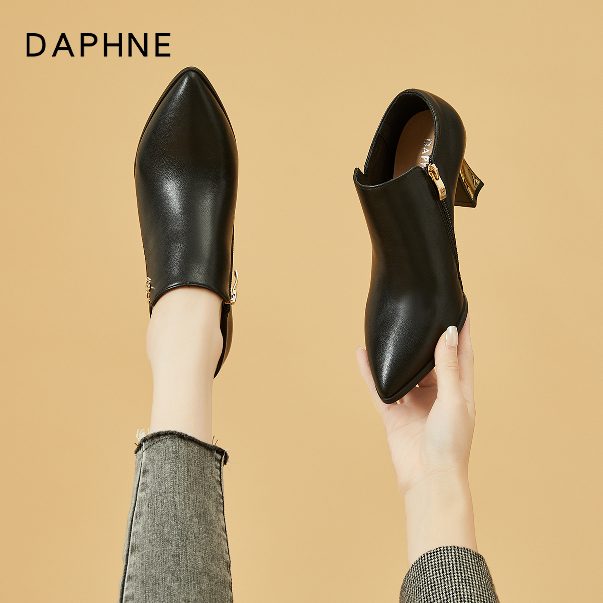 DAPHNE POINTED HEELS WOMENS 2022 NEW AUTUMN BRITISH LEATHER SMALL LEATHER SHOES BLACK BLOCK HEEL