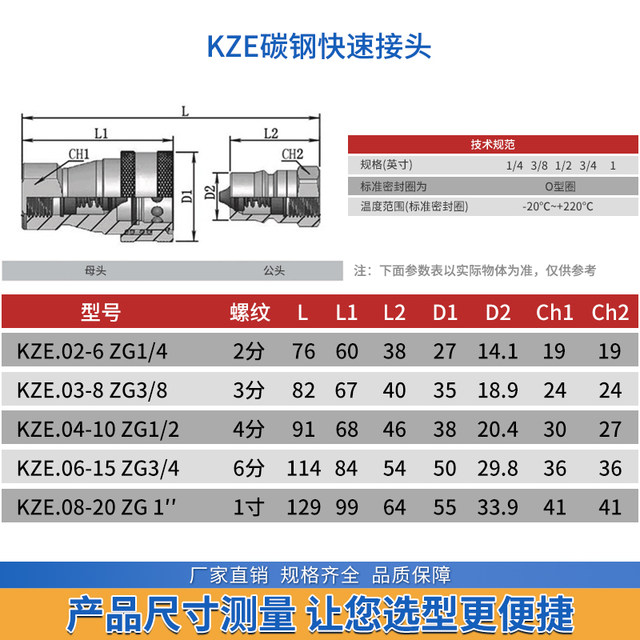 Carbon steel KZE4-10 hydraulic quick joint open and closed oil pipe quick connection double self-sealing tractor injection molding machine quick insertion