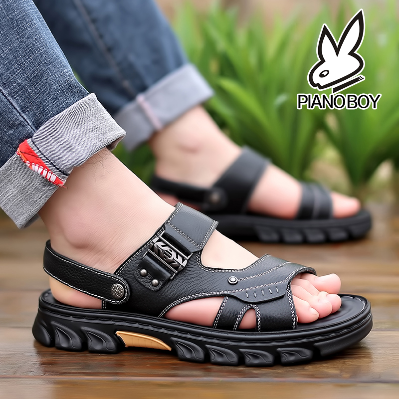 MENS SANDALS NEW SUMMER LEATHER LATEX SOFT SOLE DAD CASUAL SANDALS WEAR TWO NON-SLIP BEACH SHOES