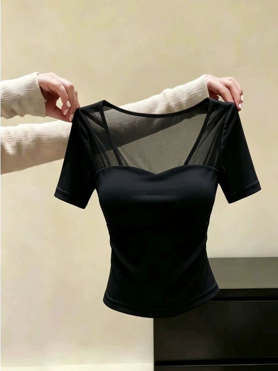 时尚高级感黑色网纱拼接短袖T恤女夏季新款性感修身显瘦减龄上衣