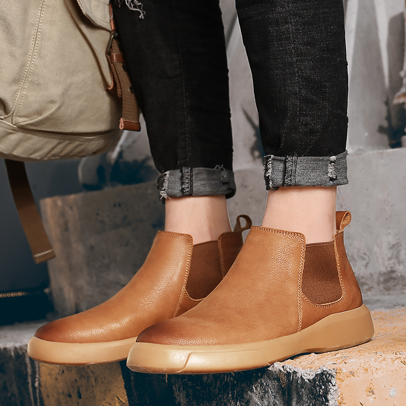 FOREIGN TRADE EXPORT CHELSEA BOOTS MENS MID-TOP LEATHER MARTIN BOOTS WINTER WARM AND FLEECE PLUS-SIZE SLIP-ON GOLD SHOES