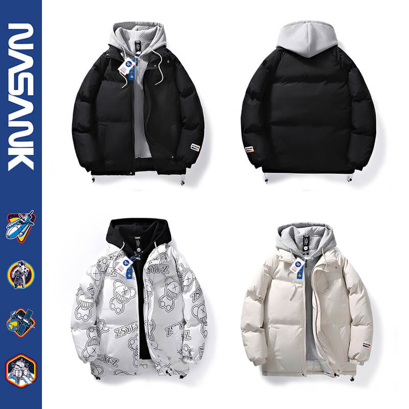 NASA CO-BRANDED MENS COTTON JACKET AUTUMN AND WINTER JACKET TRENDY BRAND NEW VIBE THICKENED WARM FAKE TWO DOWN COTTON JACKETS