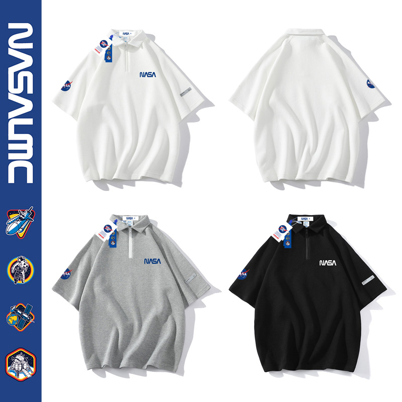 NASA CO-BRANDED POLO SHIRT MENS SHORT SLEEVE T-SHIRT SUMMER 2024 NEW TRENDY BRAND WAFFLE LOOSE HALF-SLEEVED CLOTHES