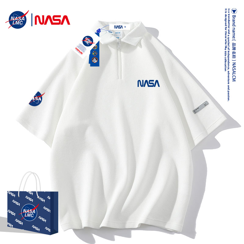 NASA CO-BRANDED POLO SHIRT MENS SHORT SLEEVE T-SHIRT SUMMER 2024 NEW TRENDY BRAND WAFFLE LOOSE HALF-SLEEVED CLOTHES