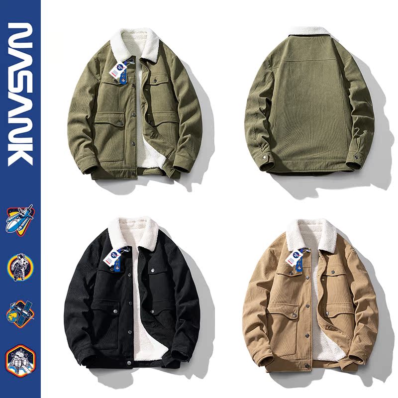 NASA CO-BRANDED COTTON CLOTHES MENS AUTUMN AND WINTER DAD WEAR LAMB WOOL JACKET TRENDY BRAND COTTON CLOTHES WINTER WEAR LAMB WOOL JACKET