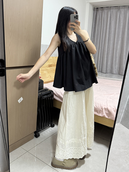木元狮孕妇夏装搭配一整套赫本风高级v领无袖上衣阔腿裤显瘦套装 — 2