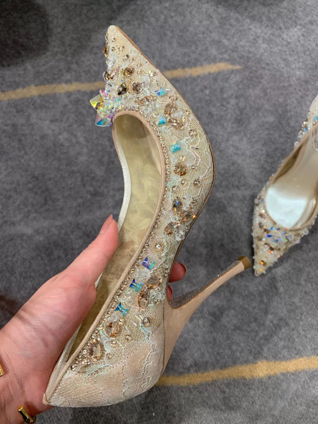 SPIN EVERYTHING VERSION RC CRYSTAL GEM WEDDING SHOES BANQUET BRIDESMAID SHOES LACE HIGH POINTED TOE FLOWER STILETTO SHOES