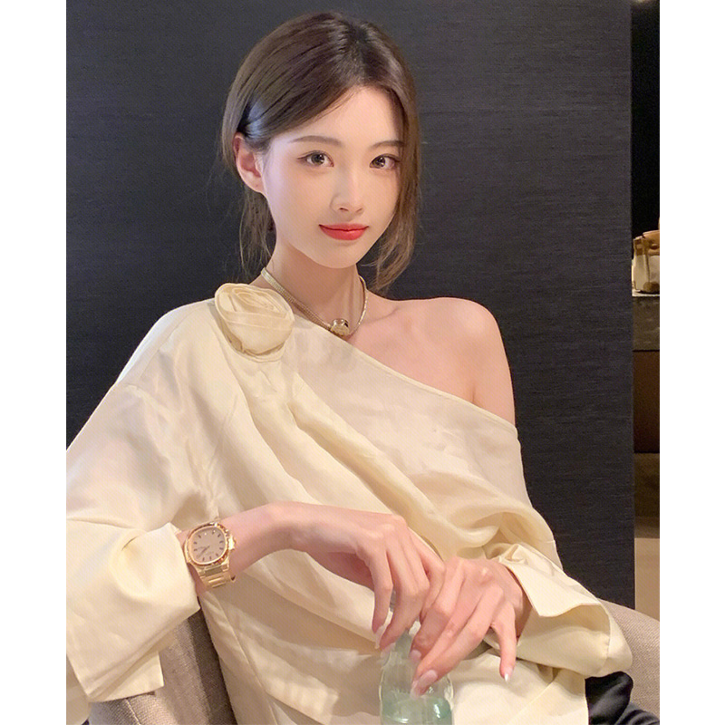 DESIGN SENSE IRREGULAR STRAPLESS ROSE FLOWER THREE-DIMENSIONAL SHIRT TOP WOMENS 2022 NEW TEMPERAMENT GENTLE AND FASHIONABLE