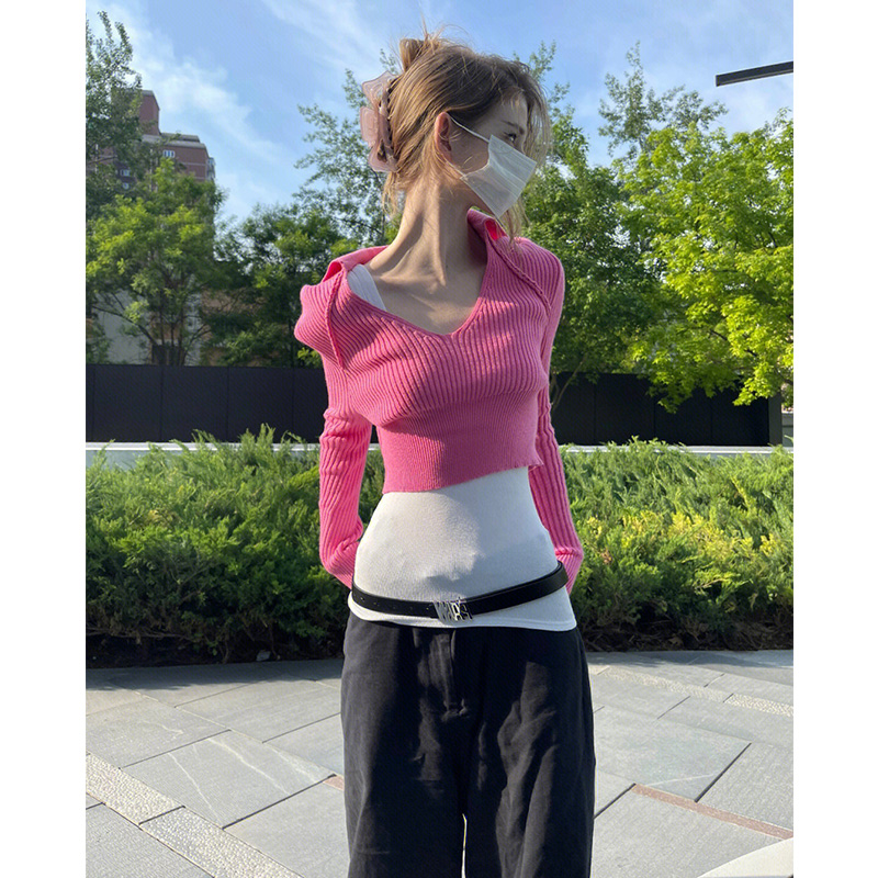 PINK V-NECK KNIT SWEATER WOMENS 2022 AUTUMN NEW TEMPERAMENT SLIM SLIM PURE LUST SEXY HOTTIE TOP