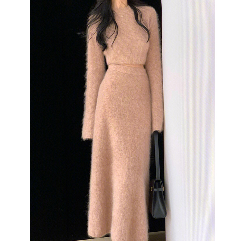 FRENCH NEW ROUND NECK FASHION BELL SLEEVE CROPPED TOP WOMENS 2022 HIGH WAIST SLIM GENTLE WIND SKIRT SET