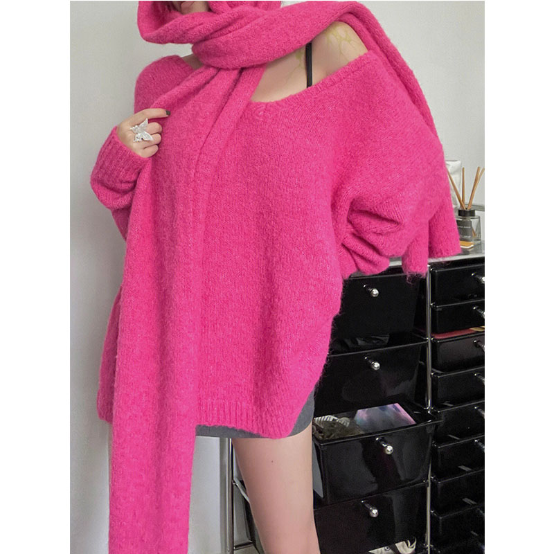 AUTUMN AND WINTER ROSE RED LAZY LOOSE V-NECK MIDI KNIT TOP WOMENS 2022 NEW FASHION LAZY AND BEAUTIFUL