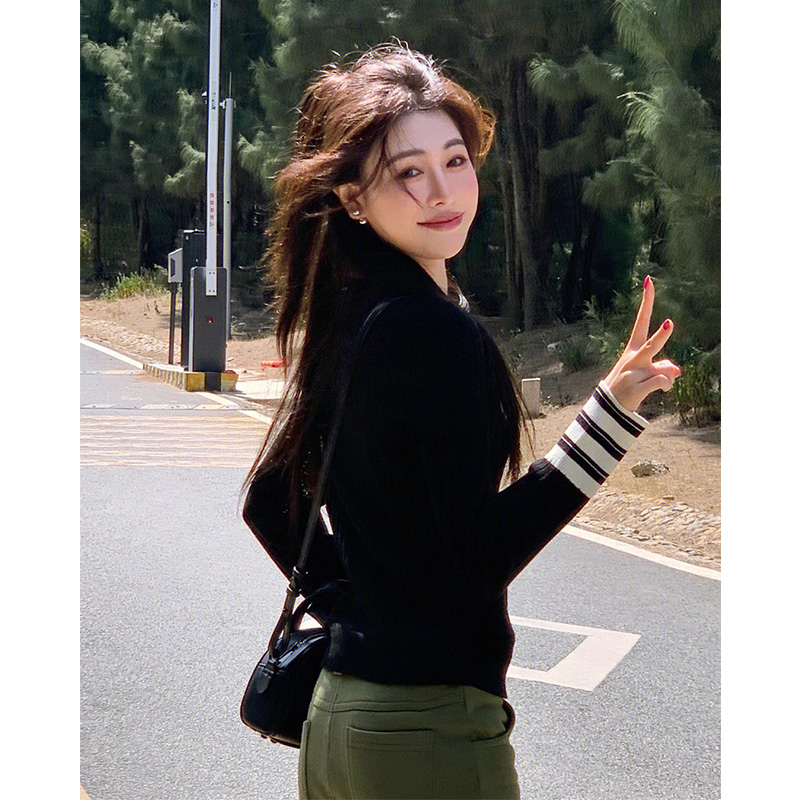FRENCH PULLOVER STRIPED PATCHWORK POLO NECK KNIT WOMENS FALL 2022 NEW RETRO SLIM TEMPERAMENT TOP