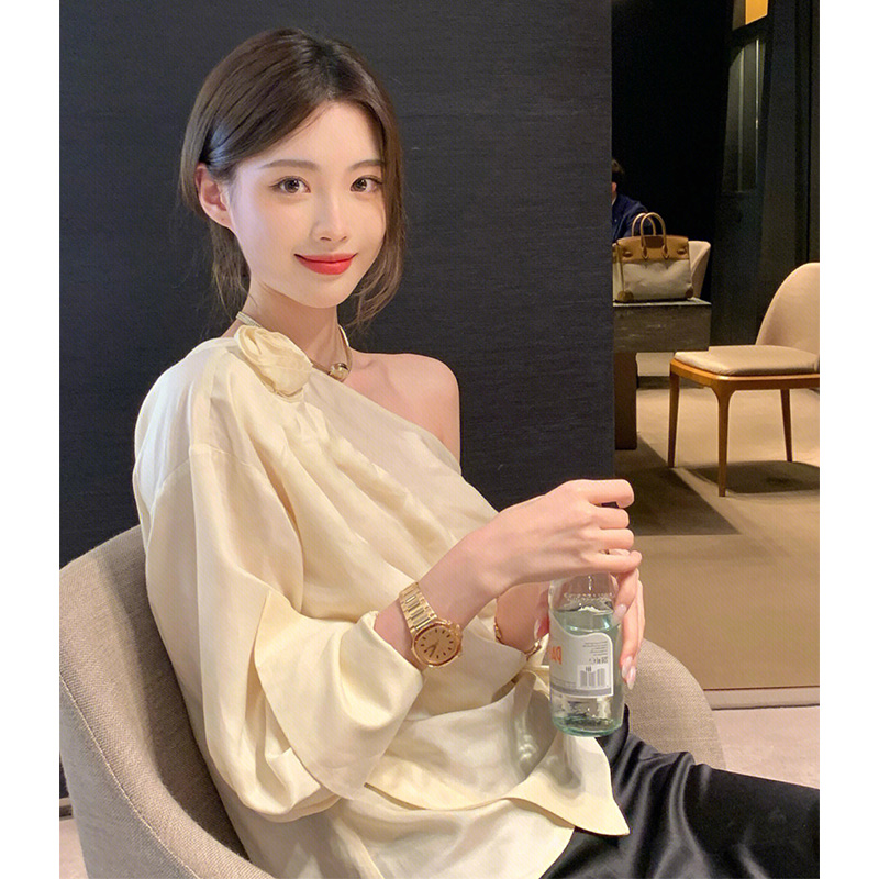 DESIGN SENSE IRREGULAR STRAPLESS ROSE FLOWER THREE-DIMENSIONAL SHIRT TOP WOMENS 2022 NEW TEMPERAMENT GENTLE AND FASHIONABLE