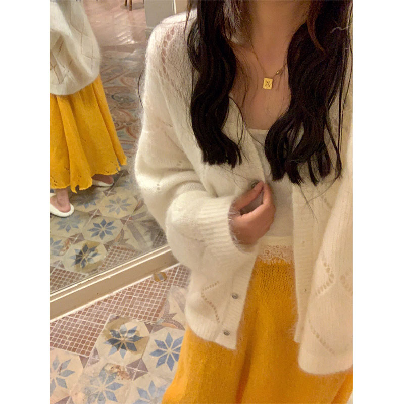 KOREAN VERSION OF GENTLE STYLE WHITE CUT-OUT RHOMBIC CARDIGAN SWEATER 2022 AUTUMN NEW LOOSE CASUAL FASHION SKIRT
