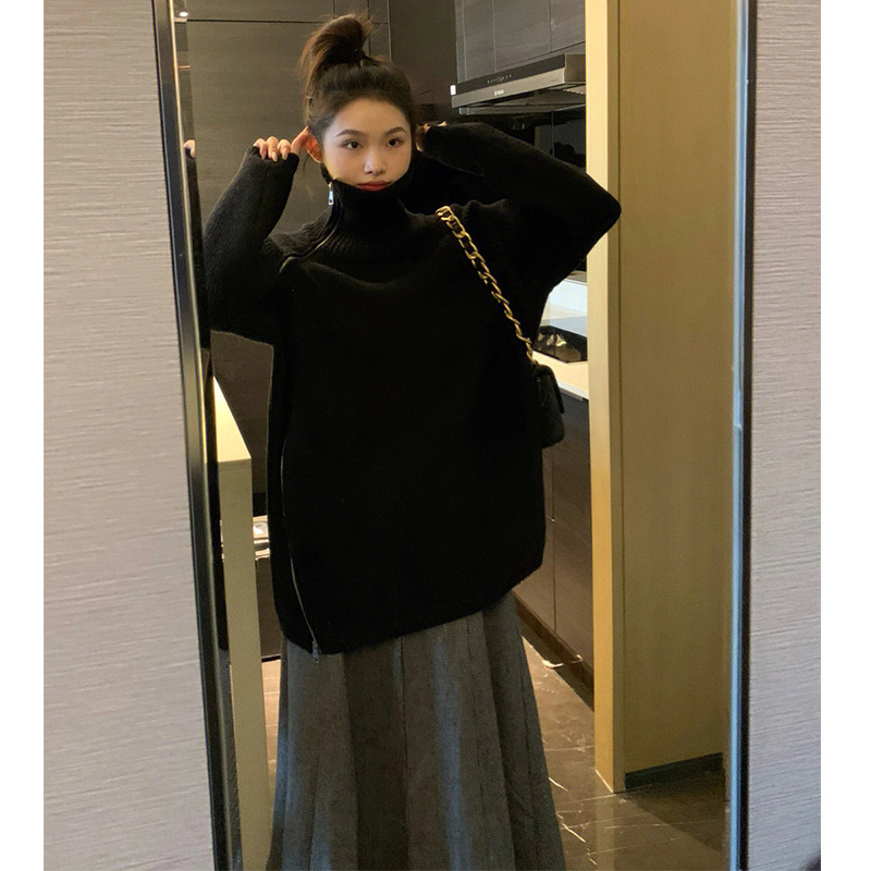 BLACK THICKENED HIGH NECK ZIPPER SHOULDER SWEATER WOMENS 2022 LOOSE AND THIN SEXY SENIOR IRREGULAR TOP