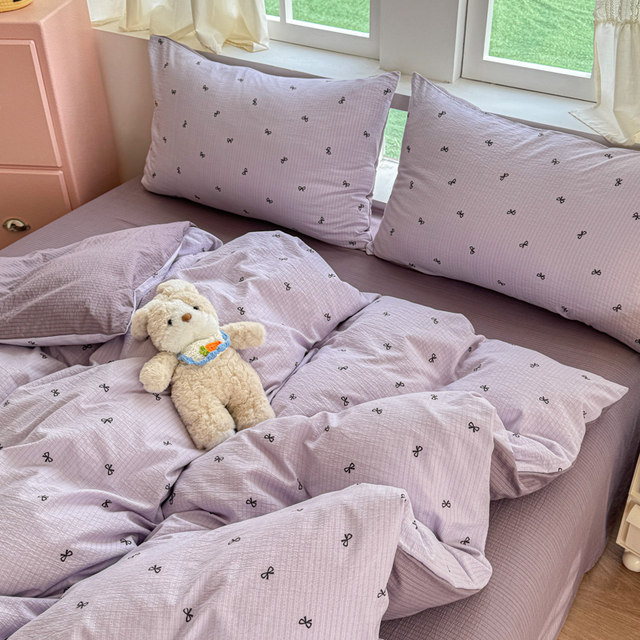 Purple girl bow ins style double layer yarn washing cotton four-piece set solid color bed sheet student quilt cover three-piece set