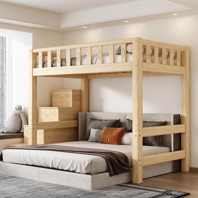 Solid wood ladder cabinet upper bed and lower table combination elevated bed sheet upper floor empty wardrobe upper bed hanging small children's apartment