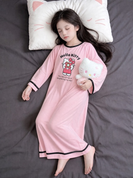 新款儿童家居服纯棉HelloKitty卡通睡裙女长袖春秋宽松可爱家居服