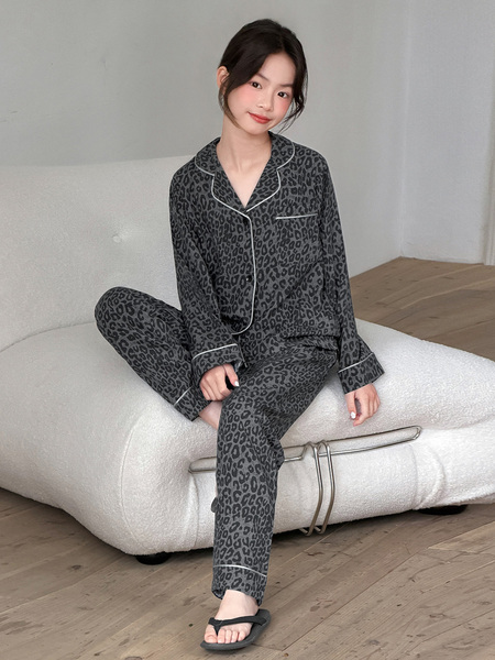 女童复古秋夏款莫代尔梭织睡衣女孩长袖开衫中大童学生家居服套装 — 3