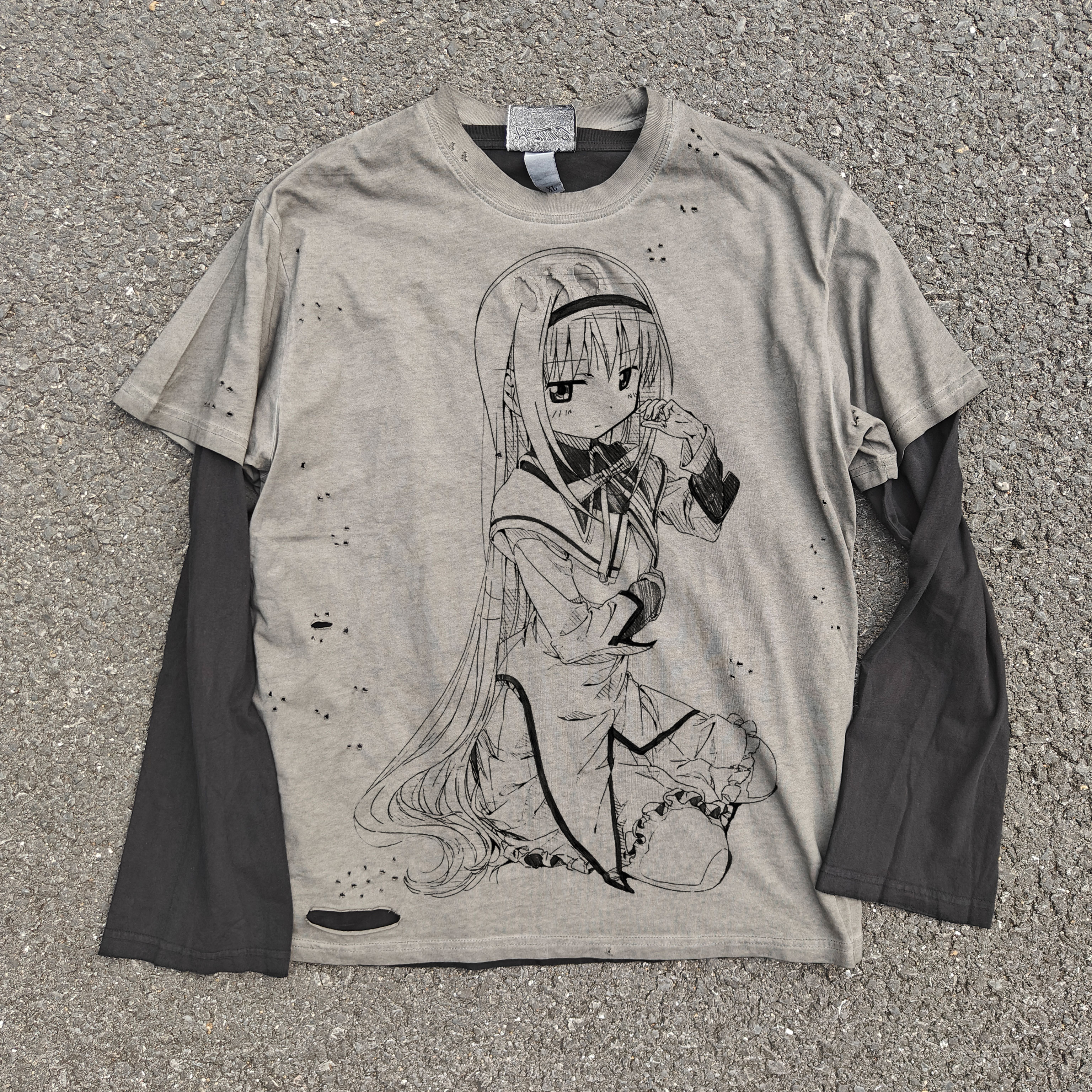 JUST FOR PLEASURE JUST FOR LOVE MAGICAL GIRL MADOKA AKATSUKI MIYAN 180G LAYERED DESTRUCTION DISTRESSED LONG SLEEVES
