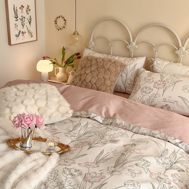 Early spring and summer pure cotton four-piece set French aesthetic printing retro pastoral cotton 4-piece set 1.8m bed sheet Nantong