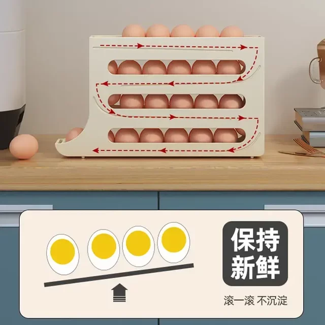Rolling egg storage box for refrigerator, automatic slide support for egg rack for packing DJ