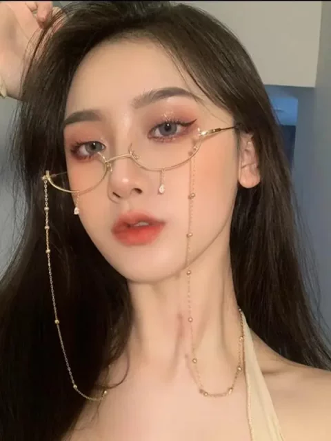 无镜片半框眼镜架网红复古无上框链条眼镜框个性装饰配饰弧形镜架