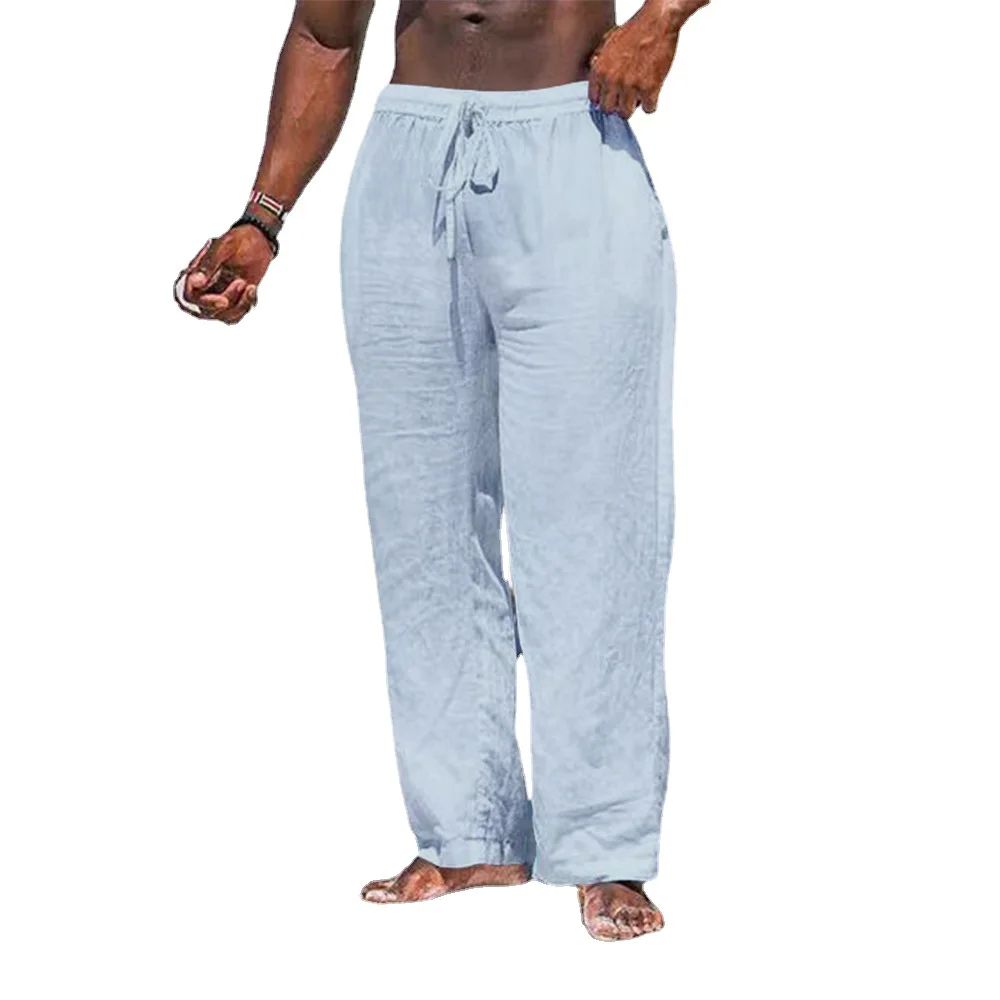 MENS COTTON LINEN PANTS CASUAL LOOSE STRAIGHT PANTS LIGHTWE