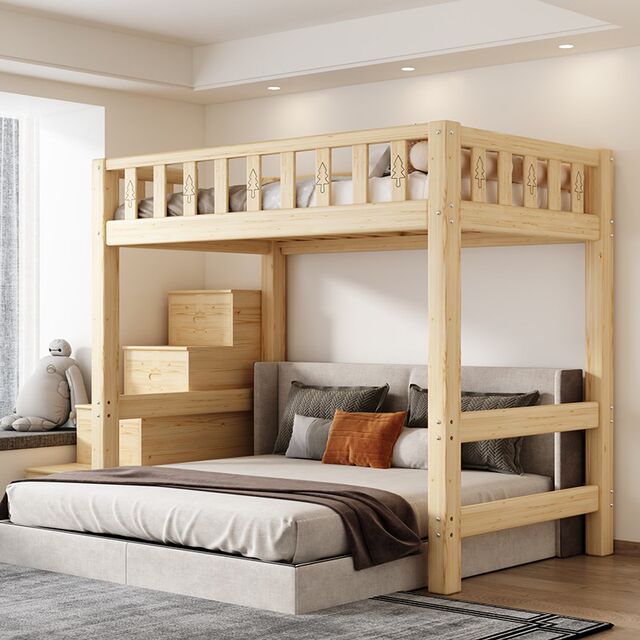 Solid wood ladder cabinet upper bed and lower table combination elevated sheet upper floor G empty wardrobe upper bed hanging on the upper floor children's small household