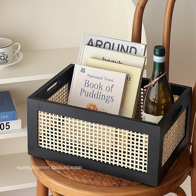 Ins retro black woven storage basket living room coffee table desktop miscellaneous items sorting box cosmetic bamboo storage box