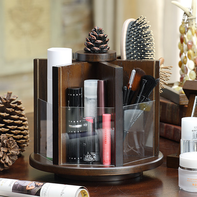 Cosmetics rack storage box American desktop dressing table retro skin care Chinese wooden storage rack rotating