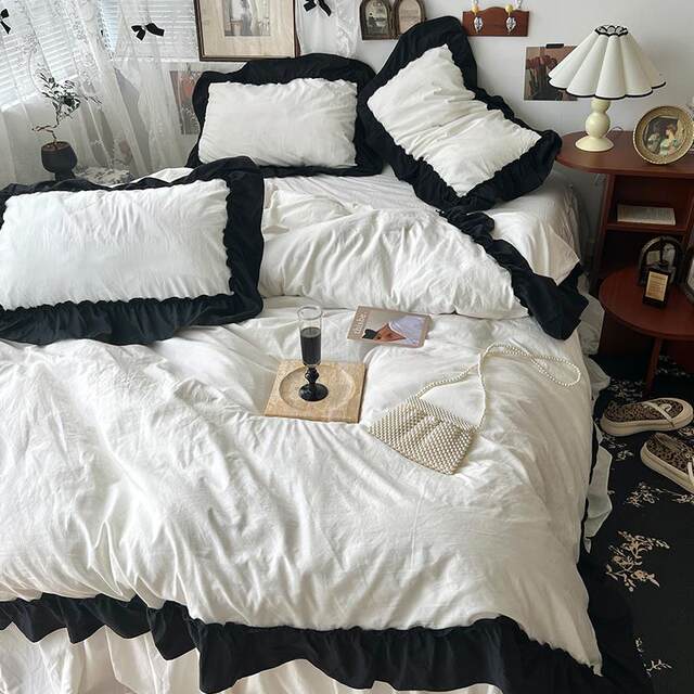法式仙女纯白色水洗棉床单四件套床裙被套黑色花边蕾丝床上三件套