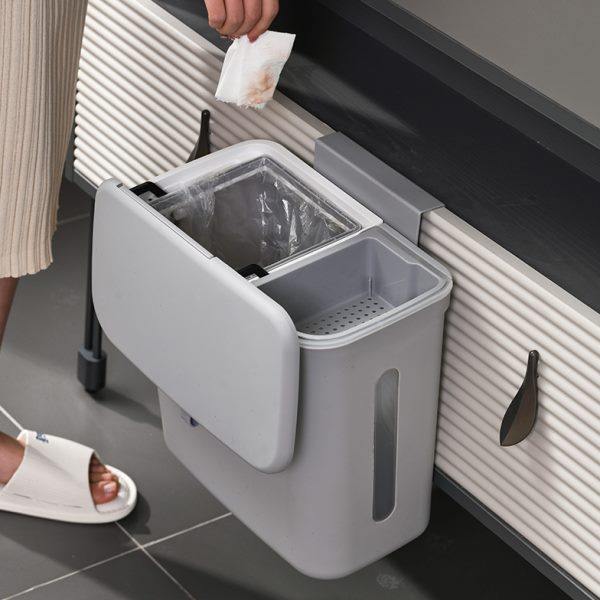 Kitchen wet and dry separating trash can wall-mounted kitchen waste storage bin drain cabinet door sliding lid bin