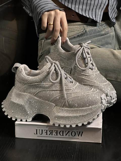 European leather rhinestone thick-soled dad shoes for women 2025 autumn new full diamond small height-enhancing casual sports shoes