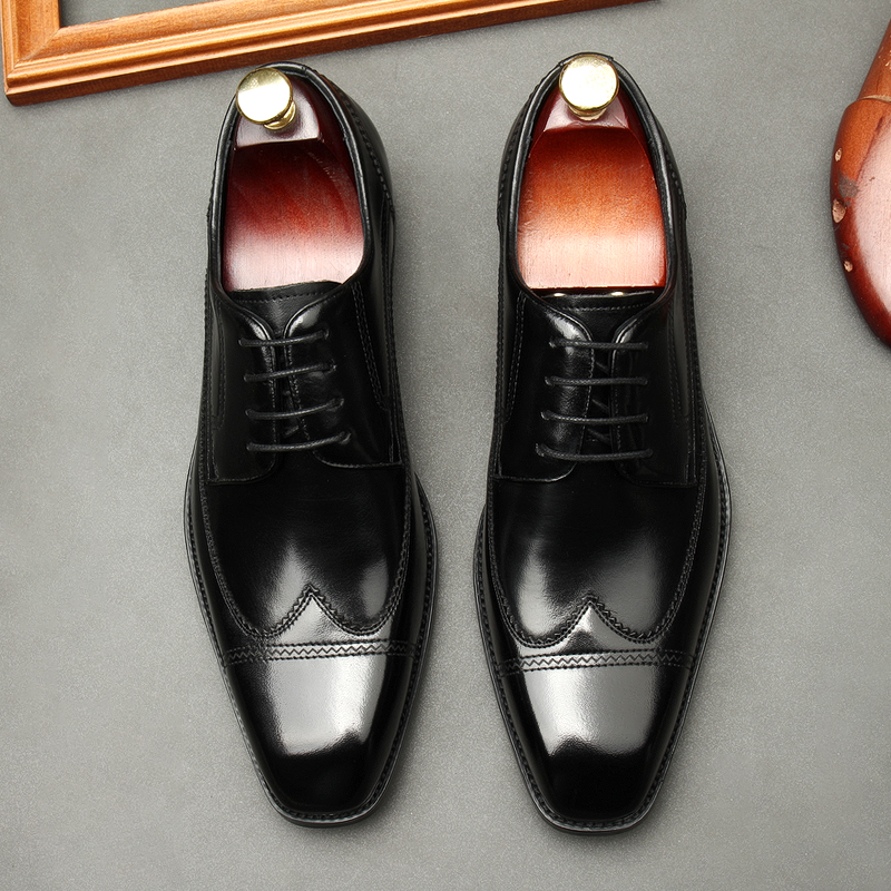 NEW BUSINESS MENS LEATHER SHOES EUROPEAN VERSION OF BRITISH LEATHER SQUARE TOE HANDMADE COWHIDE BREATHABLE WEDDING GROOM OXFORD SHOES TIDE