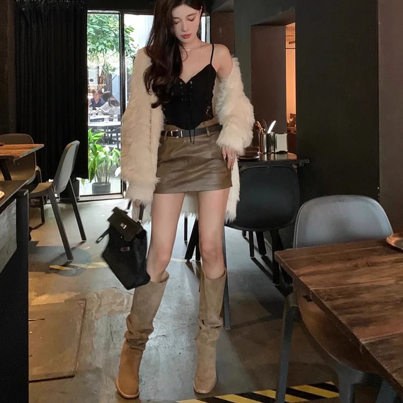 하이엔드 핫걸  여성용 빅팻 MM 롱부츠 슬림한 소매 플리츠 파일 하이힐 웨스턴 카우보이 부츠