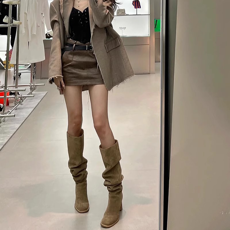 하이엔드 핫걸  여성용 빅팻 MM 롱부츠 슬림한 소매 플리츠 파일 하이힐 웨스턴 카우보이 부츠