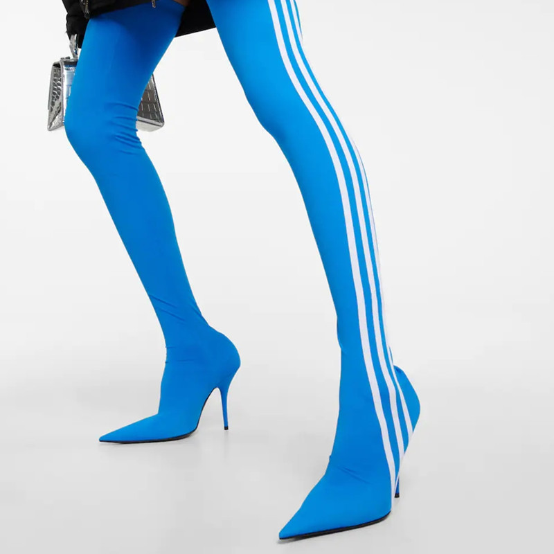 EUROPEAN AND AMERICAN NEW SUPER POINTED FASHION STRIPED ELASTIC SOCKS BOOTS STILETTO HIGH-HEELED OVER-THE-KNEE STOVEPIPE BLACK AND WHITE BAR COLOR MATCHING SOCKS BOOTS