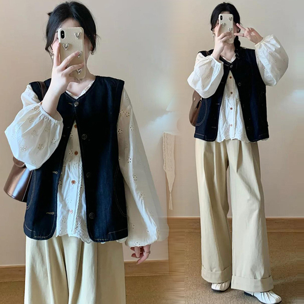 孕妇装秋装套装2026新款复古牛仔马甲衬衫女阔腿裤休闲秋季三件套